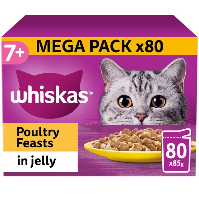 Whiskas 7+ Senior Wet Cat Food Poultry Feasts in Jelly, 80 x 85g