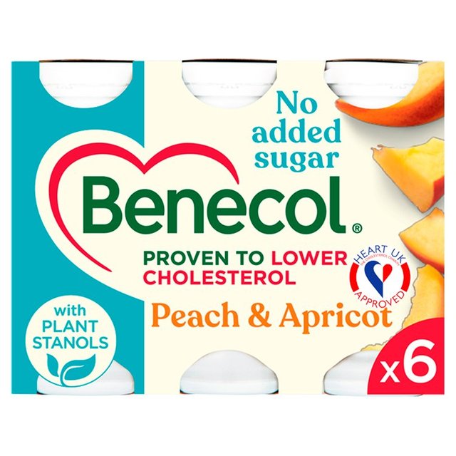 Benecol Cholesterol Lowering Yoghurt Drink Peach & Apricot No Added Sugar, 6 x 67.5g