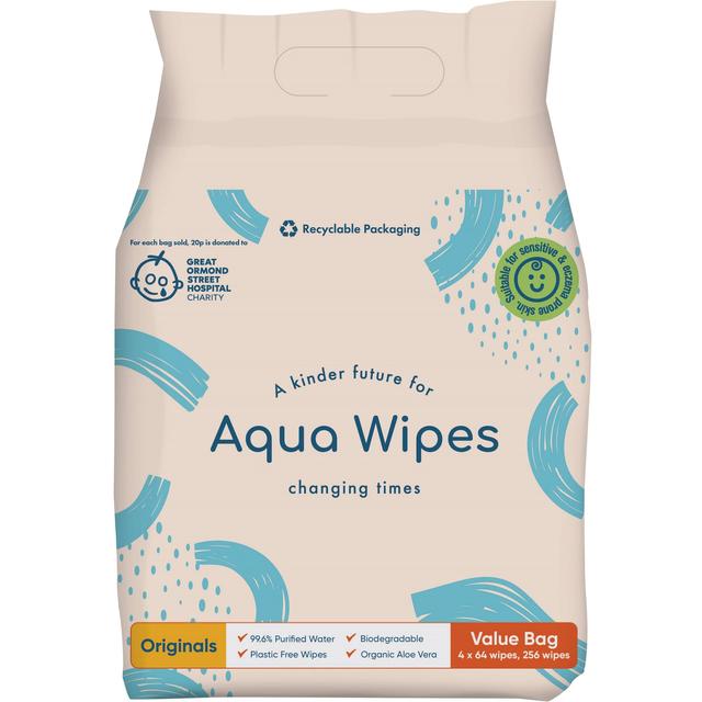 Aqua Wipes 100% Biodegradable Baby Wipes, Multipack, 4 x 64 per Pack