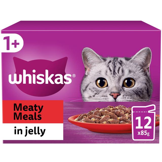 Whiskas 1+ Adult Wet Cat Food Pouches Meaty Meals in Jelly, 12 x 85g