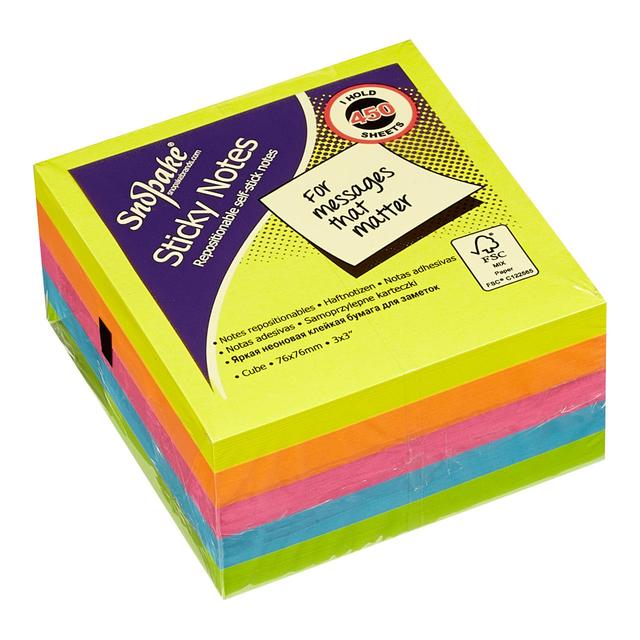 Snopake Sticky Note Cube Neon 450 Sheets 5 Colours, 76x76mm