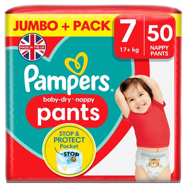 Pampers Baby-Dry Nappy Pants, Size 7, 17kg+, Jumbo+ Pack