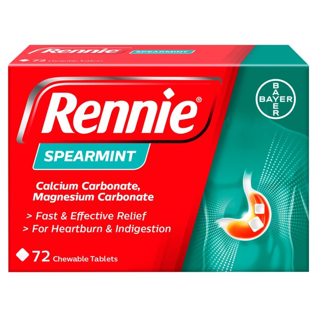 Rennie Spearmint Heartburn & Indigestion Relief Tablets, 72 Per Pack