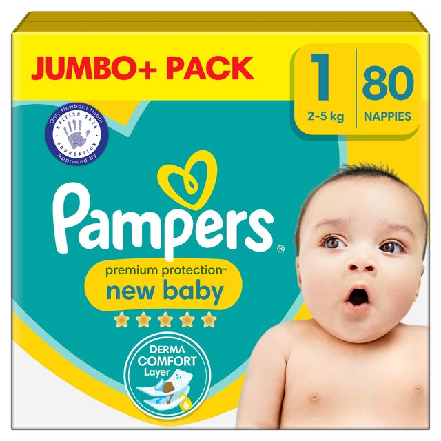 Pampers New Baby Nappies, Size 1, 2-5kg, Jumbo+ Pack