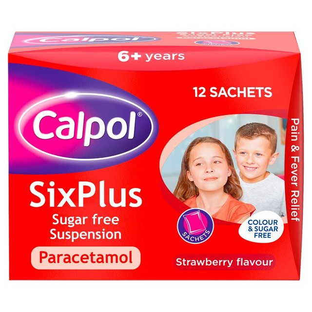 Calpol SixPlus Sugar & Colour Free Suspension Sachets Strawberry 6+ Years, 12 x 5ml