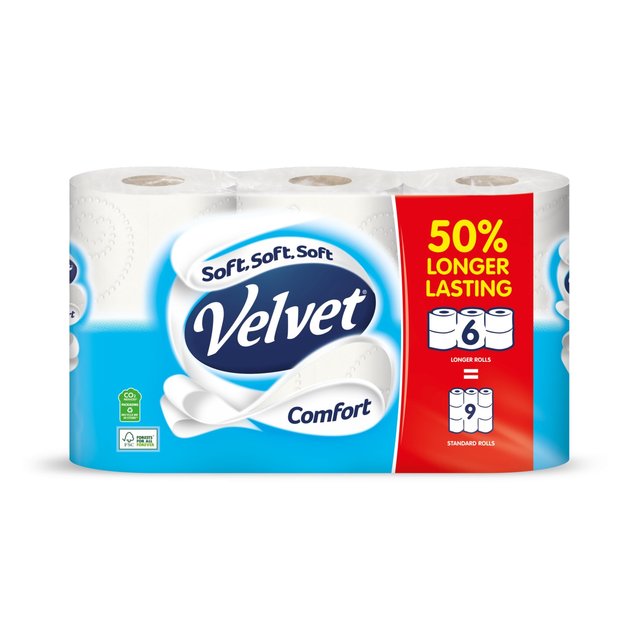 Velvet Comfort White Toilet Rolls, 6 Per Pack