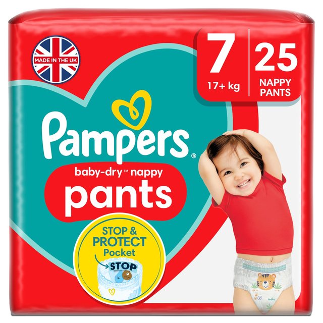 Pampers Baby-Dry Nappy Pants, Size 7, 17kg+, Essential Pack
