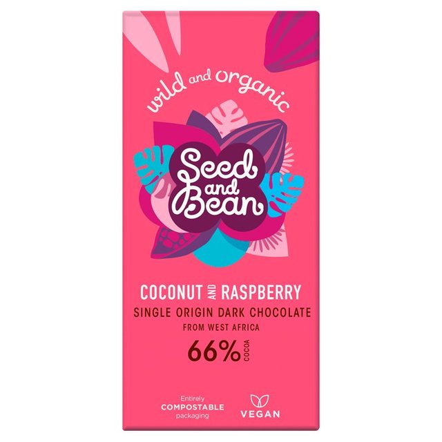 Seed & Bean Organic Sao Tome Dark Choc 66% Coconut & Raspberry, 85g