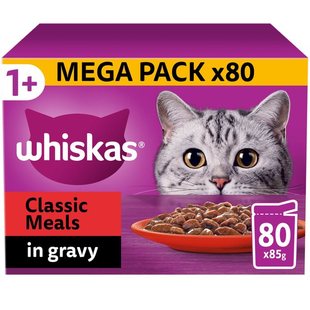 Whiskas 1+ Adult Wet Cat Food Pouches Meaty Meals in Gravy, 80 x 85g