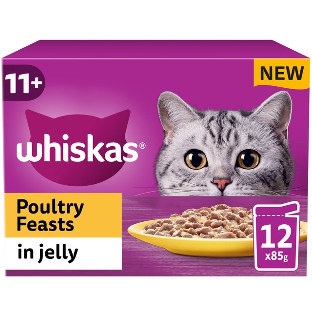 Whiskas 11+ Senior Wet Cat Food Poultry Feasts in Jelly, 12 x 85g