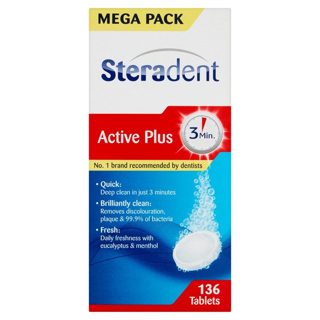 Steradent Active Plus Denture Cleaner Menthol Tablets, 136 Per Pack