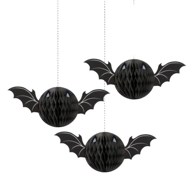 Black Bat Honeycomb Hanging Decoration, 35cm, 3 per Pack