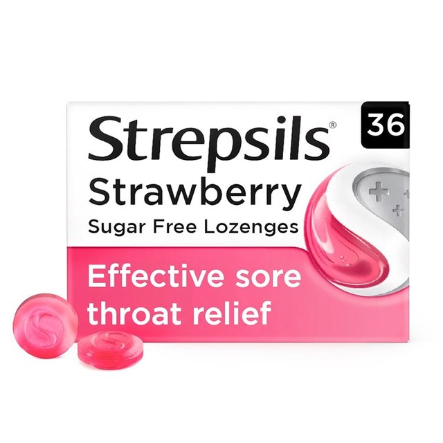 Strepsils Strawberry Sugar Free Sore Throat Lozenges, 36 Per Pack