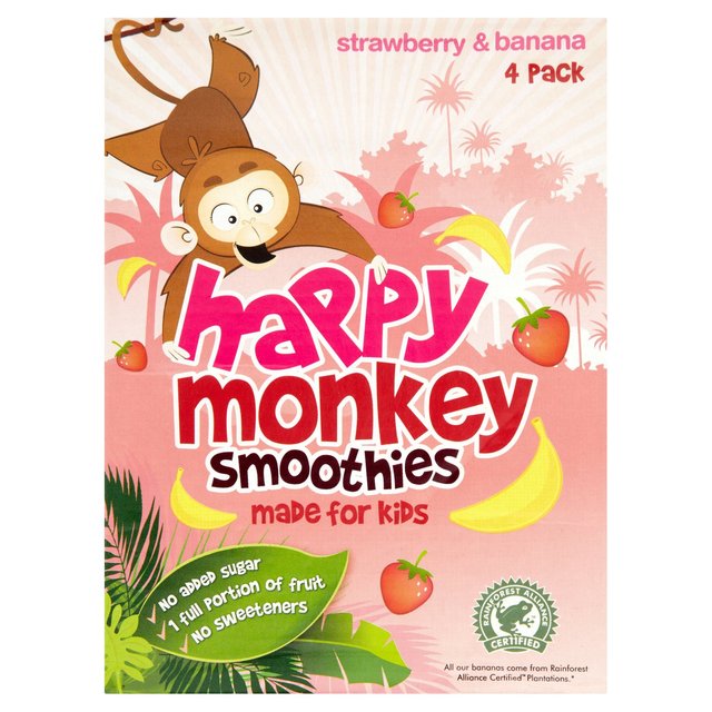 Happy Monkey Strawberry & Banana Kids Smoothie, 4 x 180ml