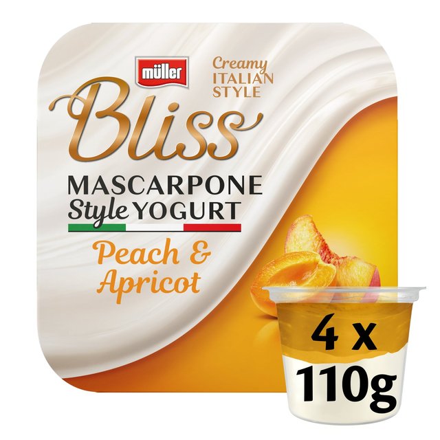 Muller Simply Bliss Mascarpone Style Peach & Apricot Yogurts, 4 x 110g