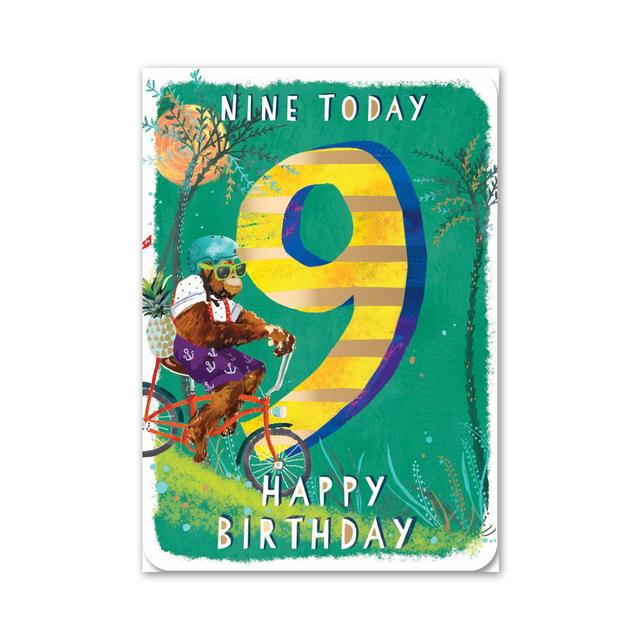 Ling Design Nine Today Cycling Monkey 9th Birthday Card, 12.7x17.7cm