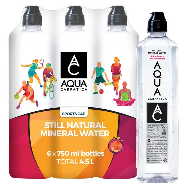 Aqua Carpatica Sports Cap Still Natural Mineral Water Low Sodium & Nitrates, 6 x 750ml