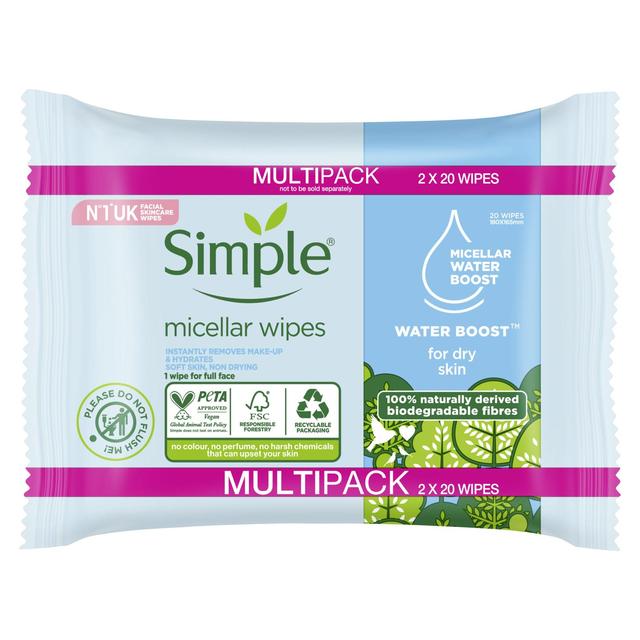 Simple Kind to Skin Micellar Biodegradable Cleansing Wipes, 2 x 20 per Pack