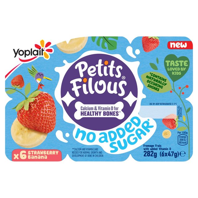 Yoplait Petits Filous No Added Sugar Strawberry & Banana Yoghurt, 6 x 47g
