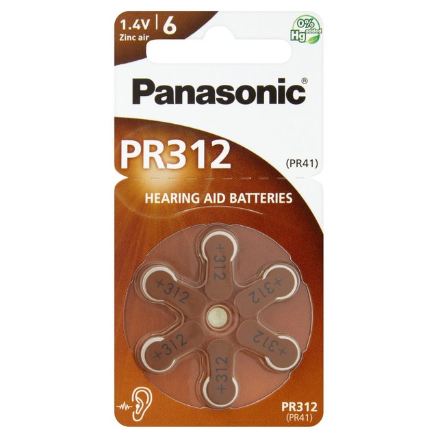 Panasonic PR-312 Zinc Air Hearing Aid Batteries, 6 per Pack