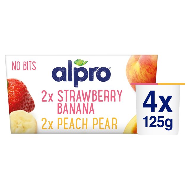 Alpro No Bits Strawberry-Banana & Peach-Pear Yoghurt Alternative, 4 x 125g