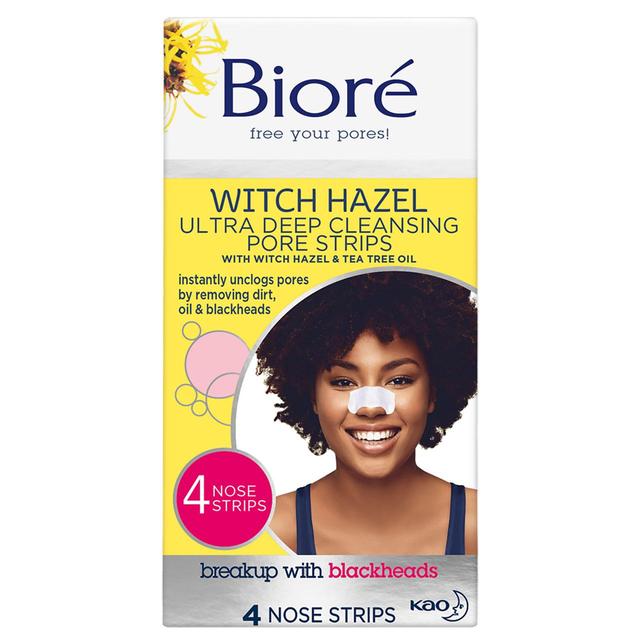 Biore Witch Hazel Ultra Deep Cleansing Nose Pore Strips For Spot Prone Skin, 4 Per Pack