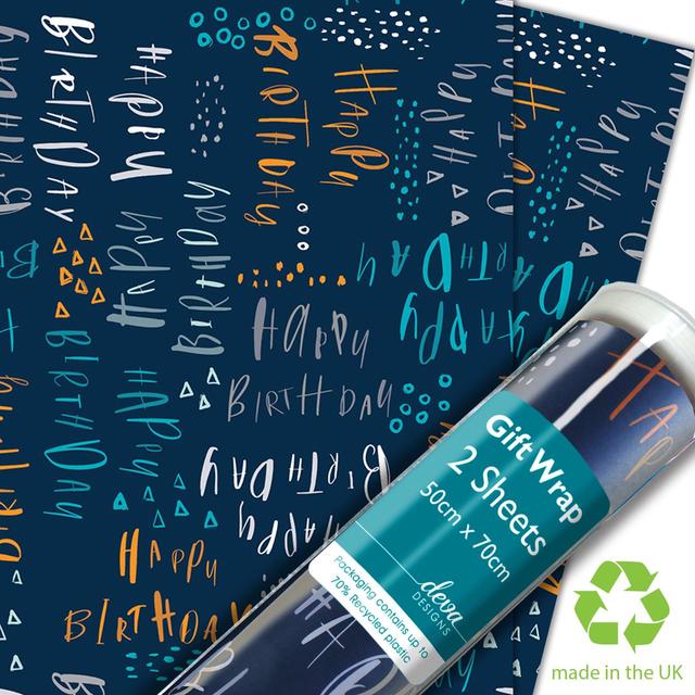 Deva Designs Blue Happy Birthday Gift Wrap Sheets, 2 Per Pack