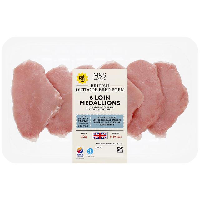 M & S Select Farms 6 British Outdoor Bred Pork Loin Medallions, 300g