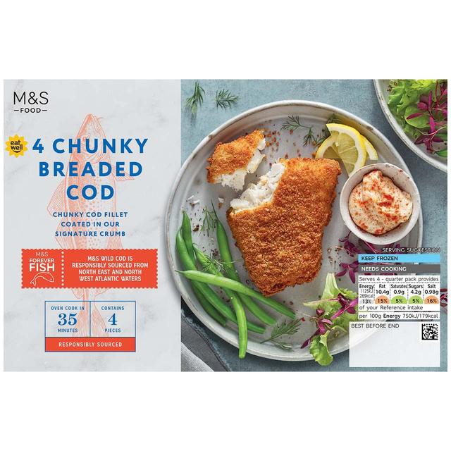 M & S 4 Breaded Chunky Cod Fillets Frozen, 600g