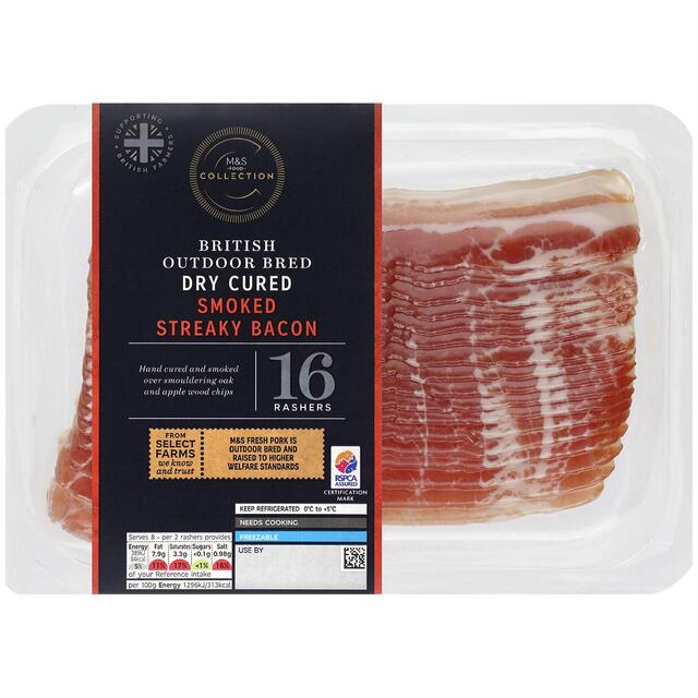 M & S Select Farms 16 Dry Cured Smoked Streaky Bacon Rashers, 240g