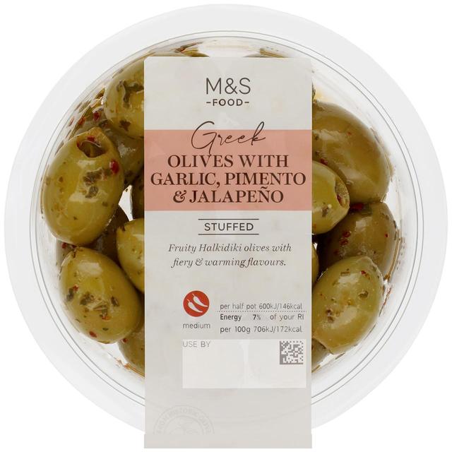 M & S Olives With Garlic, Pimento & Jalapeno, 170g
