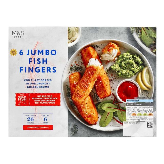 M & S 6 Breaded Jumbo Cod Fish Fingers Frozen, 440g