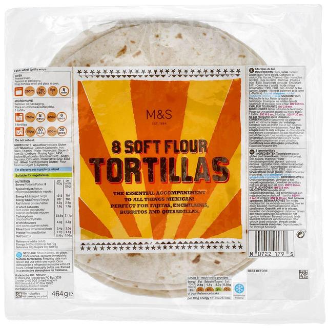 M & S Soft Flour Tortilla Wraps, 8 Per Pack