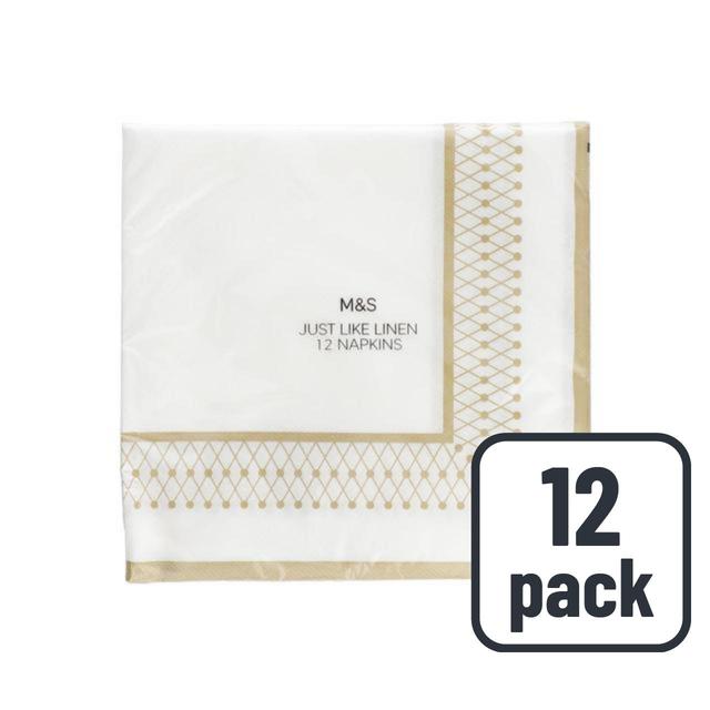 M & S White and Gold Linen Just Like Napkins, 40x40cm, 12 per Pack