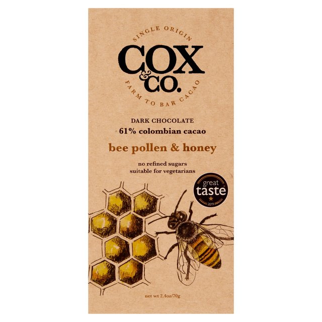 Cox & Co. Bee Pollen & Honey, 61% Dark Chocolate Bar, 70g