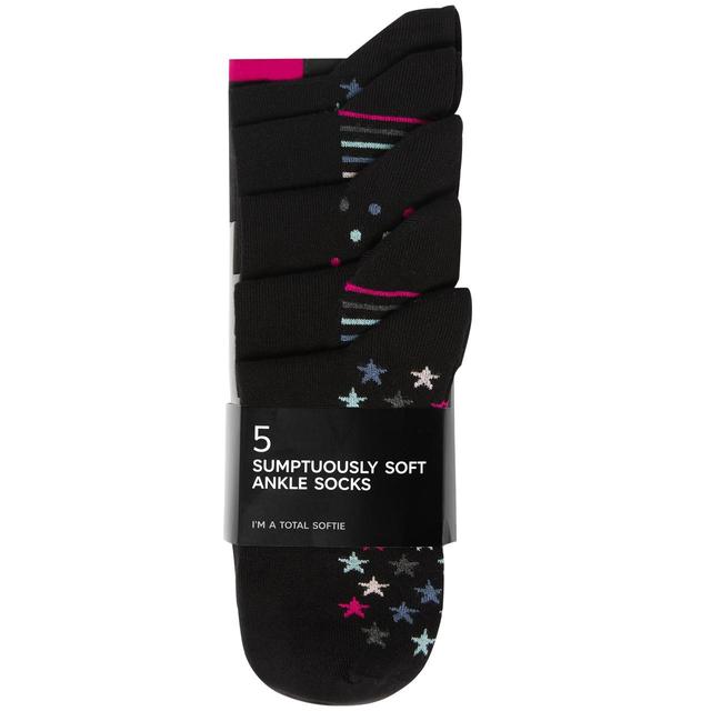 M & S Womens Sumptuously Soft Ankle Socks, Size 6-8, Black Mix, 5 per Pack