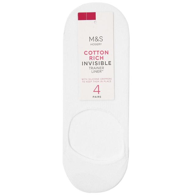 M & S Womens Invisible Trainer Liner Socks, 6-8, White, 4 per Pack