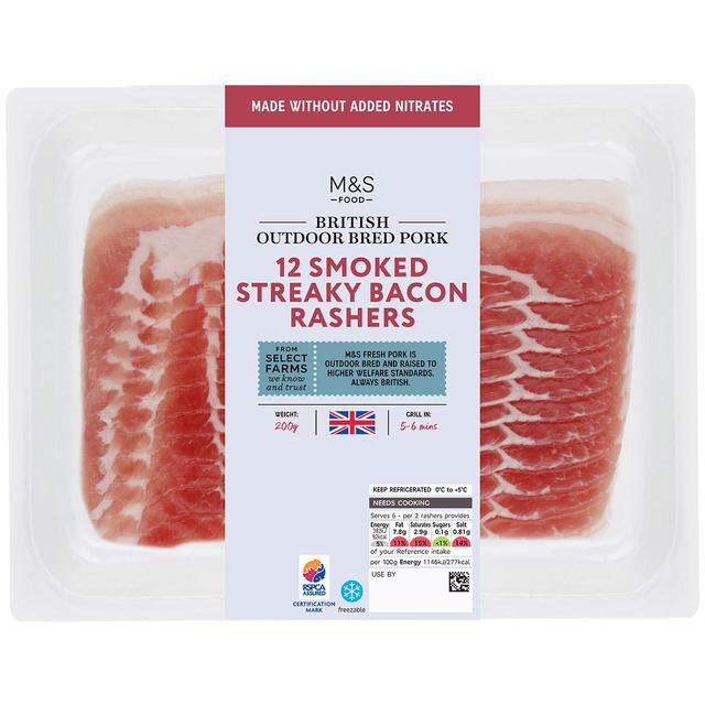M & S British 12 Smoked Streaky Bacon Rashers Made Without Nitrates, 200g