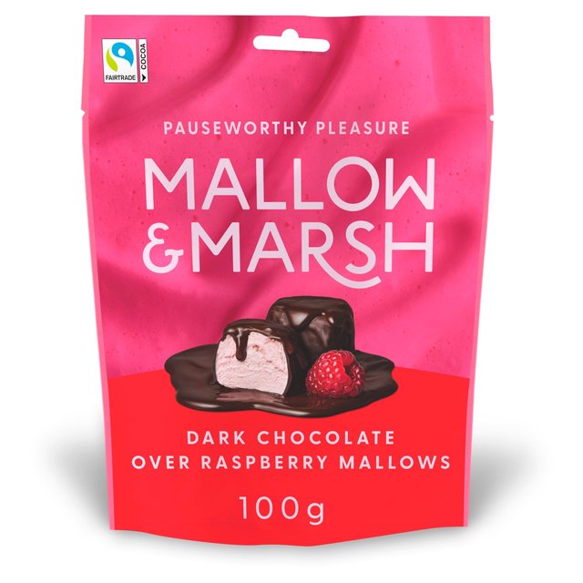 Mallow & Marsh Raspberry Marshmallows Coated in 70% Dark Chocolate, 100g