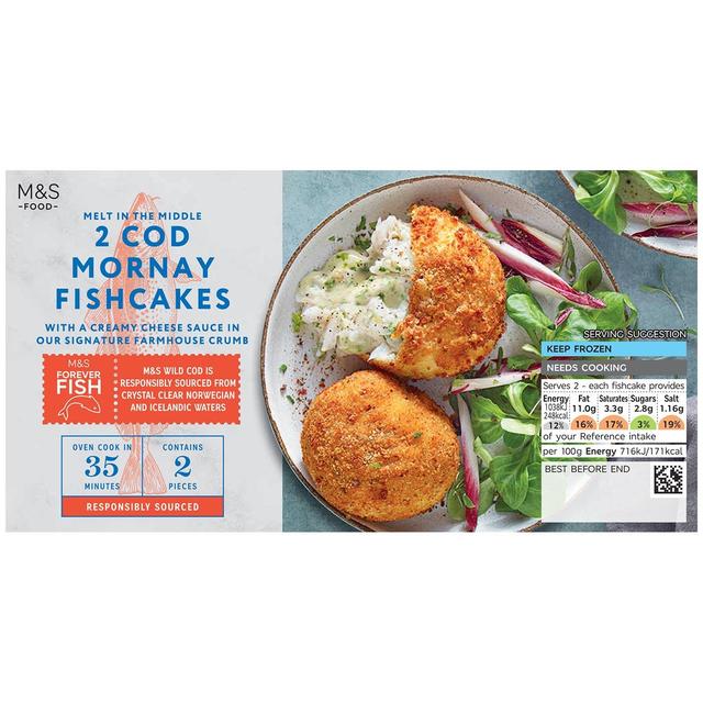 M & S 2 Cod Mornay Fishcakes Melt in the Middle Frozen, 290g