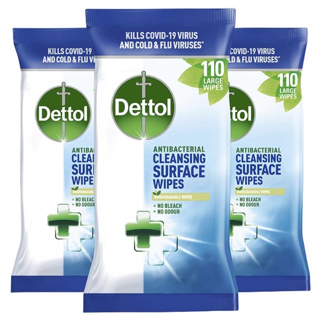 Dettol Antibacterial Biodegradable Multi Surface Cleansing Wipes, 3 x 110 per Pack