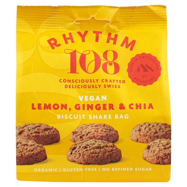 Rhythm 108 Swiss Vegan Lemon, Ginger & Chia Biscuit Share Bag, 135g