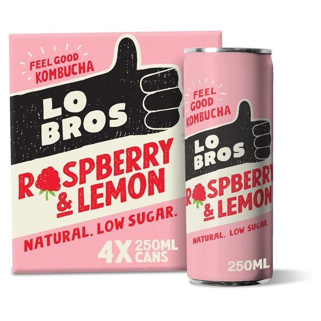Lo Bros Kombucha Raspberry & Lemon Low Sugar Multipack, 4 x 250ml