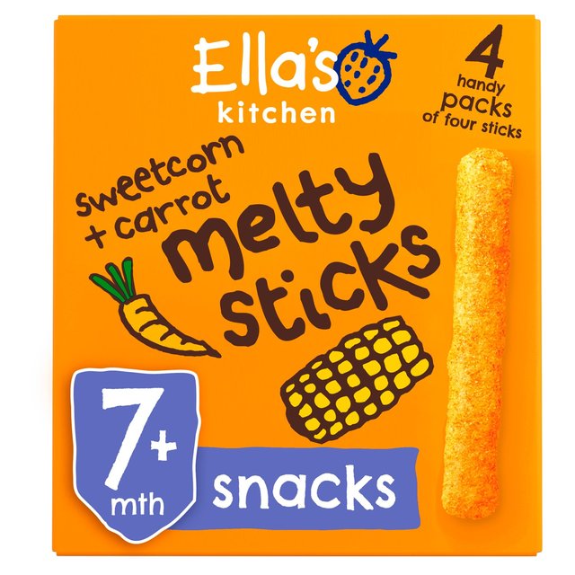 Ella’s Kitchen Sweetcorn+Carrot Melty Sticks Multipack Baby Snack 7+ Months, 4 x 6g