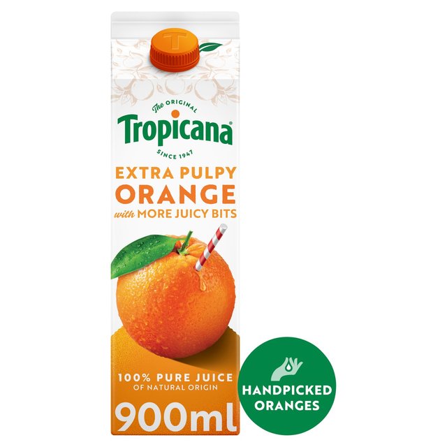 Tropicana Pure Orange Fruit Juice With Extra Juicy Bits, 900ml