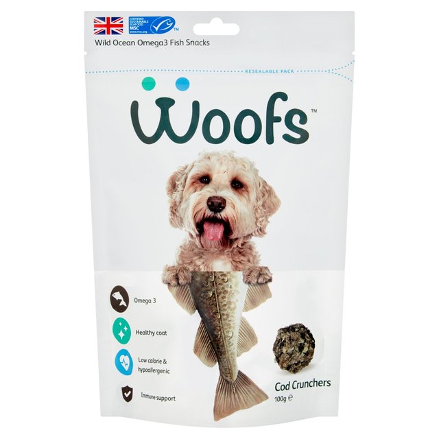 Woofs Cod Crunchers Dog Treats, 100% Natural MSC Fish, 100g