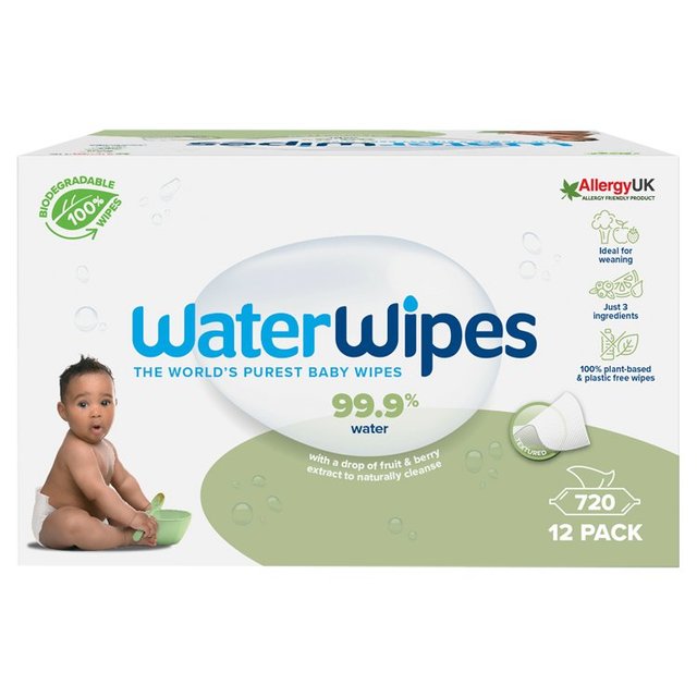 WaterWipes Baby Wipes Sensitive Weaning Plastic Free Wipes 720 Wipes, 12 x 60 per Pack