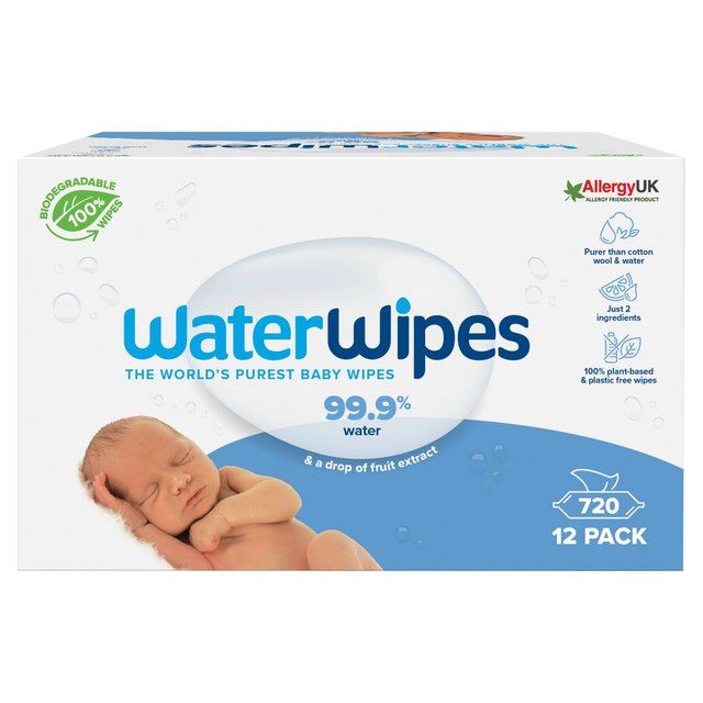 WaterWipes Baby Wipes Sensitive Newborn Plastic Free Wipes 720 Wipes, 12 x 60 per Pack