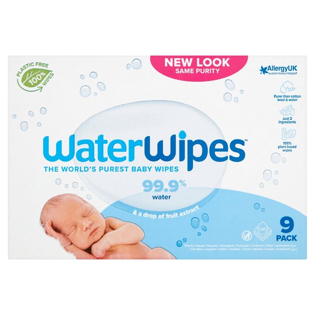 WaterWipes Baby Wipes Sensitive Newborn Plastic Free Wipes 540 Wipes, 9 x 60 per Pack