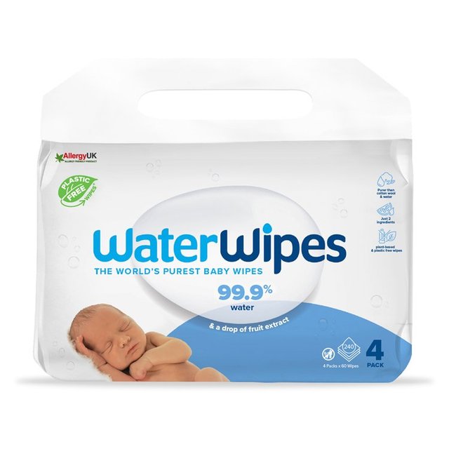 WaterWipes Baby Wipes Sensitive Newborn Plastic Free Wipes 240 Wipes, 4 x 60 per Pack